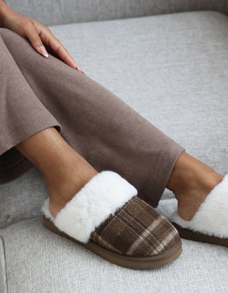 'Jemima' Tartan Mule Slippers with Faux Fur Trim