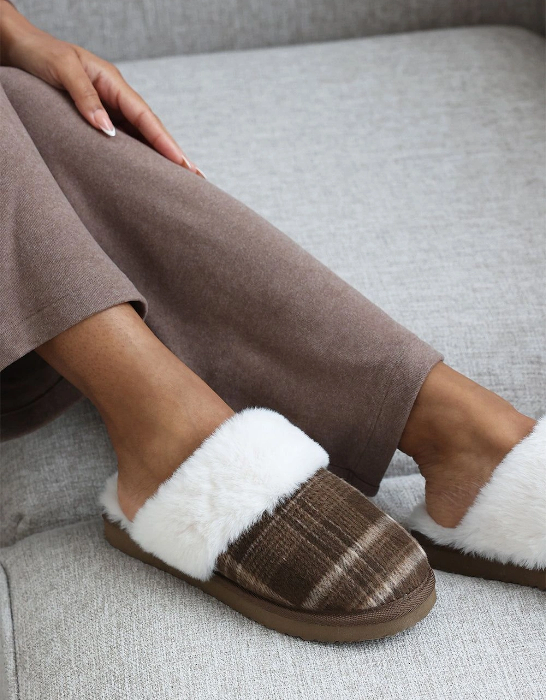 'Jemima' Tartan Mule Slippers with Faux Fur Trim, 2 of 1
