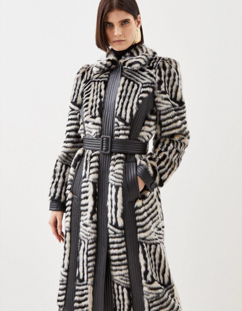Faux Fur Pu Panelled Stripe Belted Coat