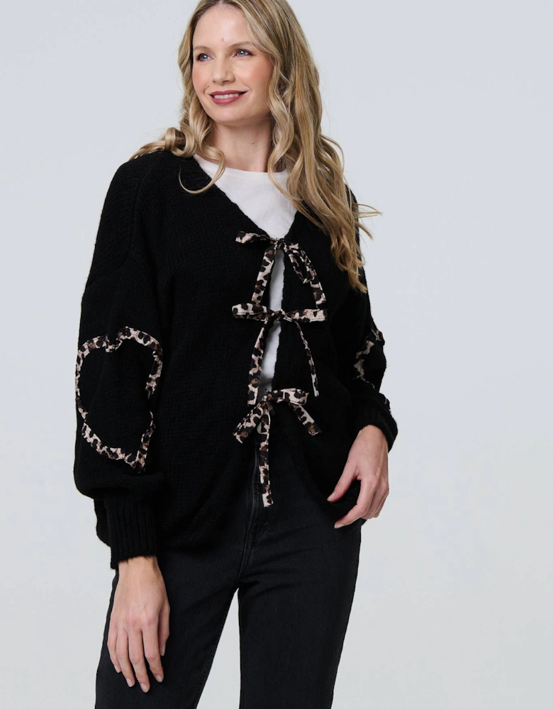 Animal Print Trim Tie Front Cardigan