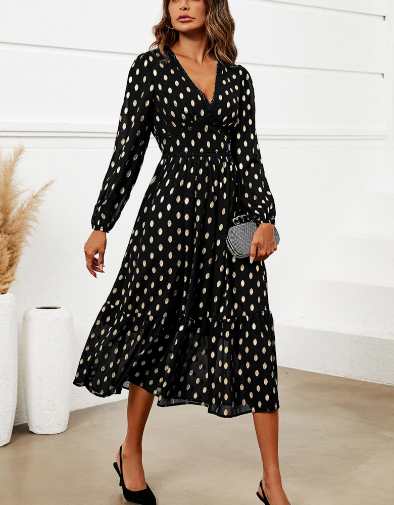 Gold Foil Lace Trim Long Sleeve Midi Dress