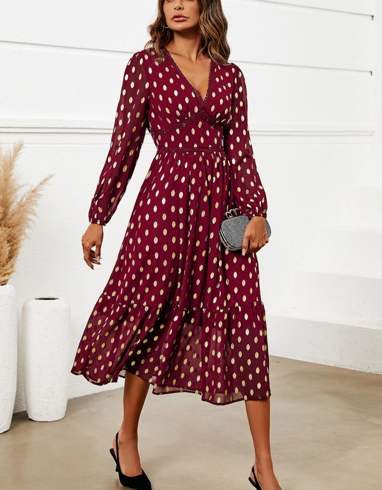 Gold Foil Lace Trim Long Sleeve Midi Dress