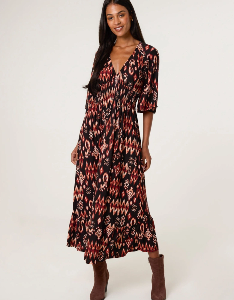 Brown Elasticated Neck Shirred Waist Aztec Dress