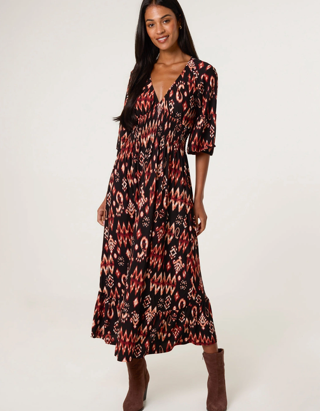 Brown Elasticated Neck Shirred Waist Aztec Dress, 2 of 1