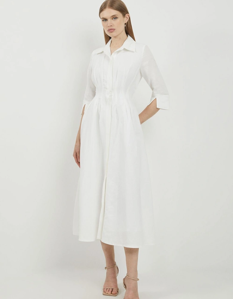 Petite Premium Tailored Linen Darted Waist Midi Dress