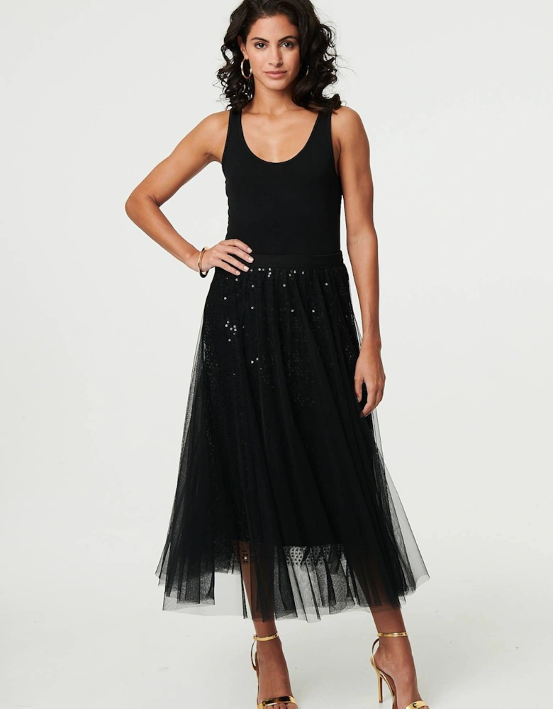 Embellished Mesh Layer Midi Skirt