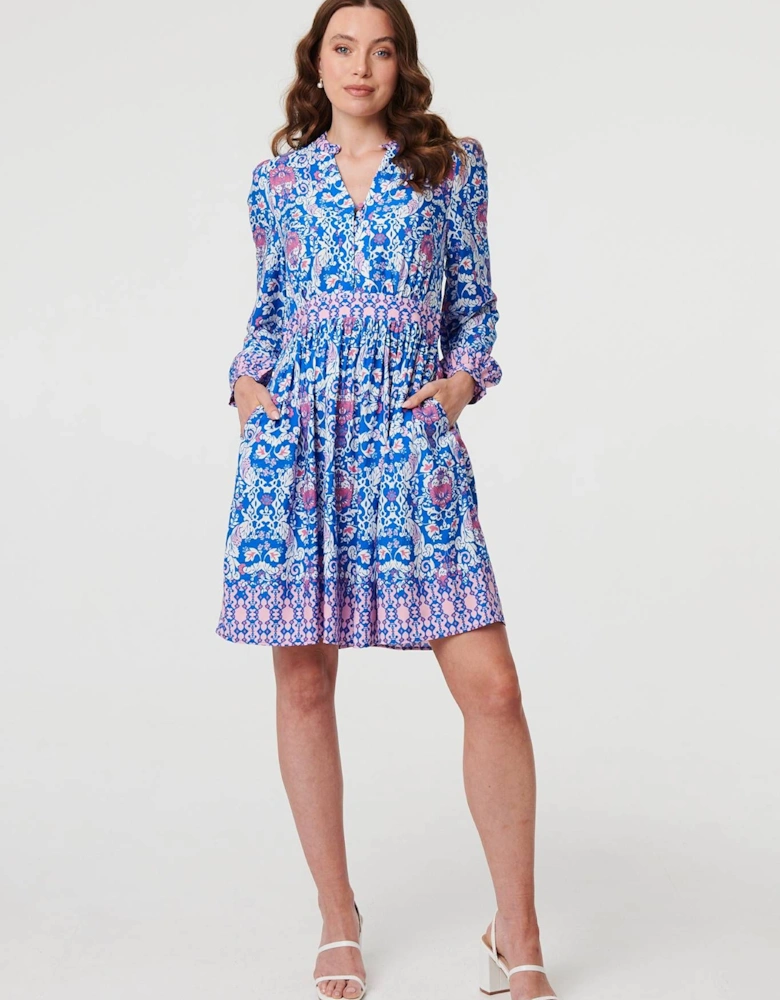 Printed Long Sleeve Shirred Short Dress