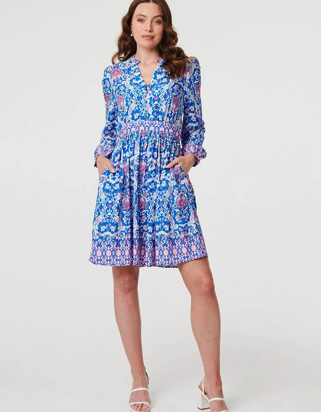 Printed Long Sleeve Shirred Short Dress, 2 of 1