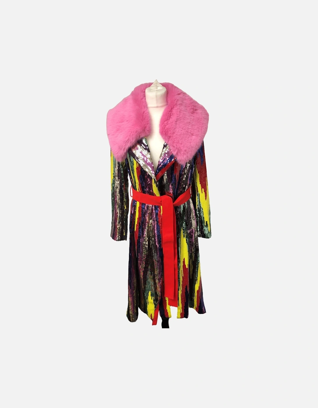 Multi Bamboo Sequins Midi Trench Coat with Pink Collar, 2 of 1