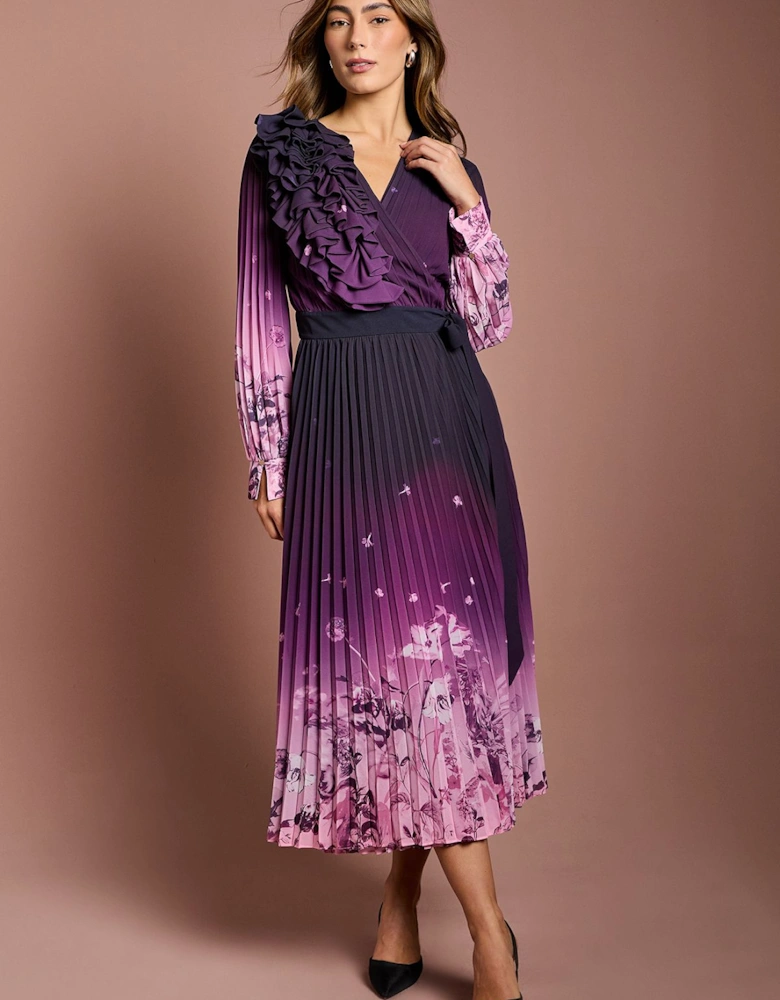 3D Floral Corsage Printed Georgette Wrap Dress