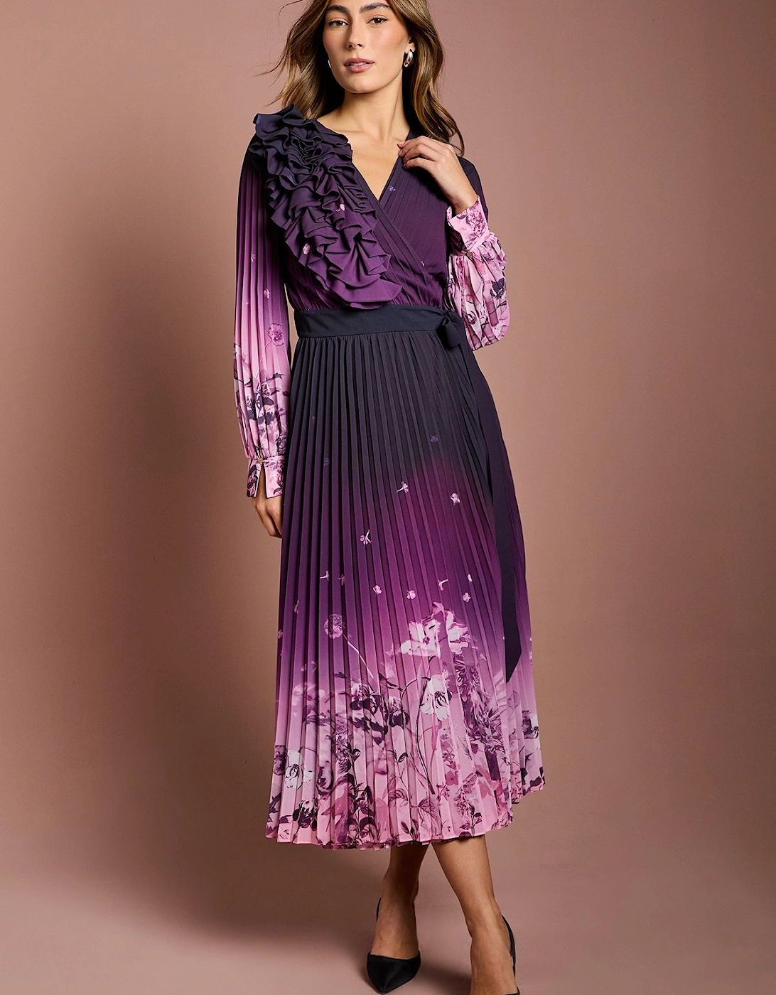 3D Floral Corsage Printed Georgette Wrap Dress, 2 of 1