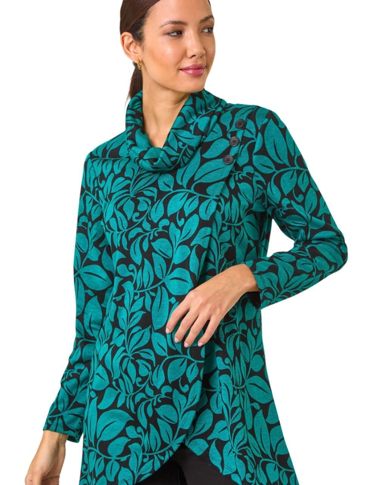Leaf Print Cowl Neck Top