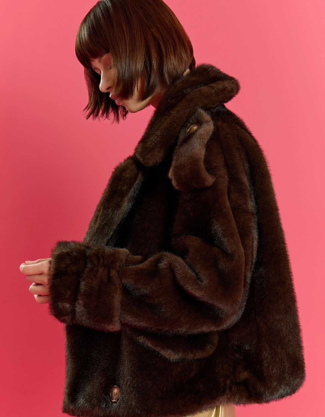 Chocolate Brown Bamboo Blend Faux Mink Short Trench Coat