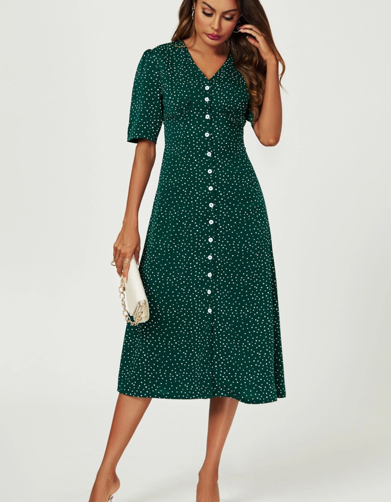 Dot Print Button Front Midi Dress