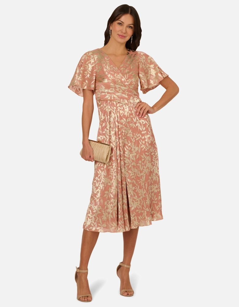 Foil Leaf Draped Midi Dress