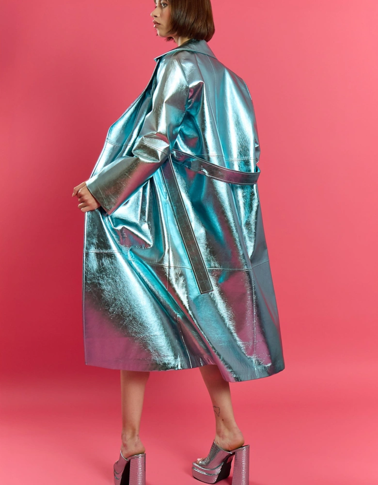 Metallic Blue Faux Leather Trench Coat