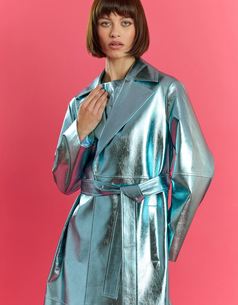 Metallic Blue Faux Leather Trench Coat