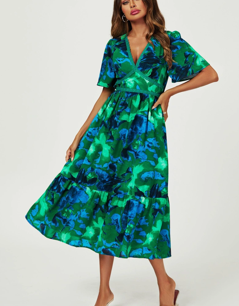 Abstract Floral Print Lace Detail Angel Sleeve Maxi Dress