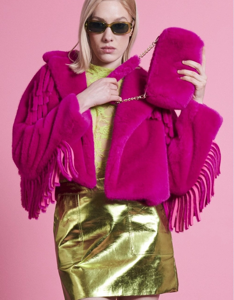 Hot Pink Hand Cut Tassels Bamboo Lyocell Blend Eco Faux Fur Cropped Jacket
