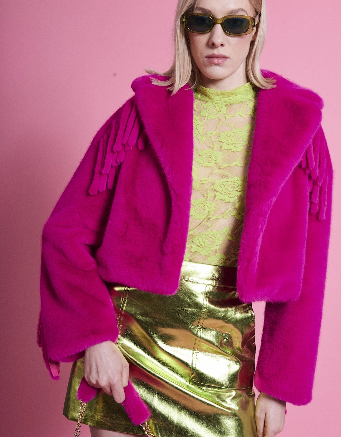 Hot Pink Hand Cut Tassels Bamboo Lyocell Blend Eco Faux Fur Cropped Jacket