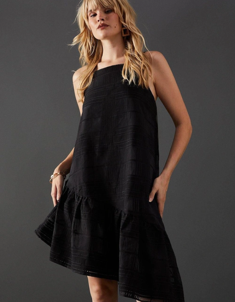 Check Organza High Neck Asymmetric Smock Dress