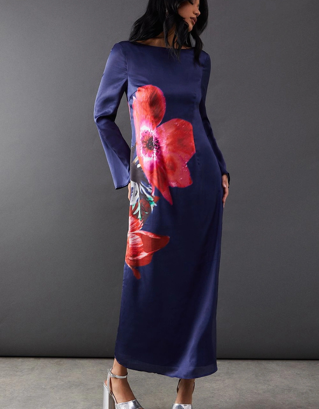 Floral Placement Print Satin Midi Dress, 2 of 1
