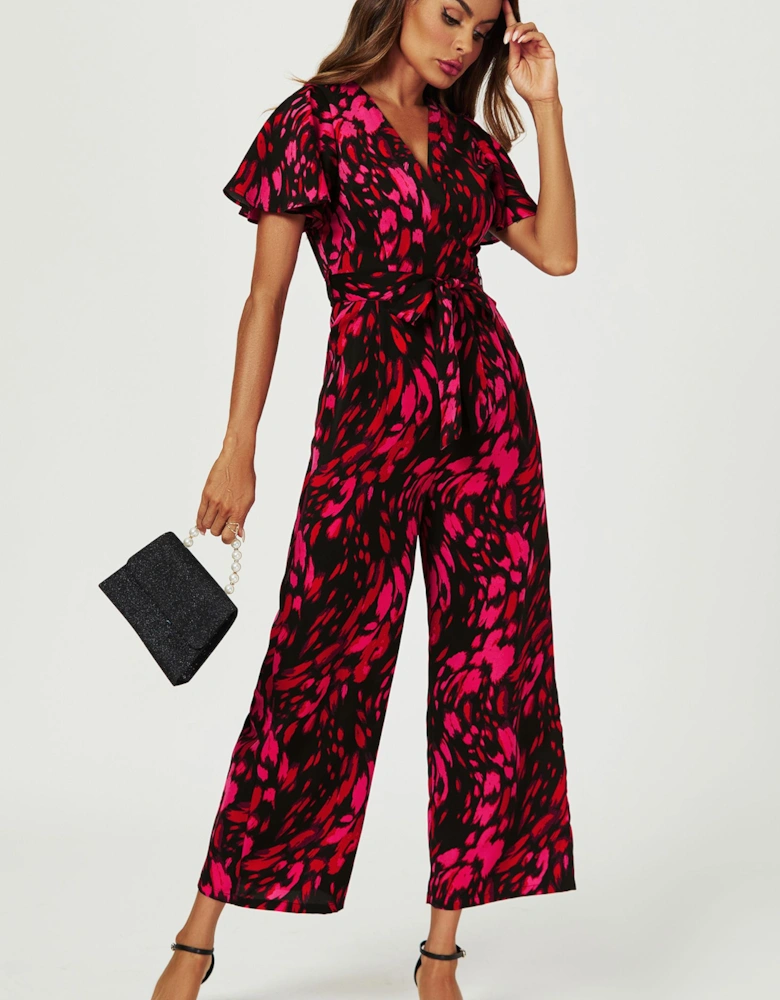 Pink Abstract Print Wrap Top Jumpsuit In Black