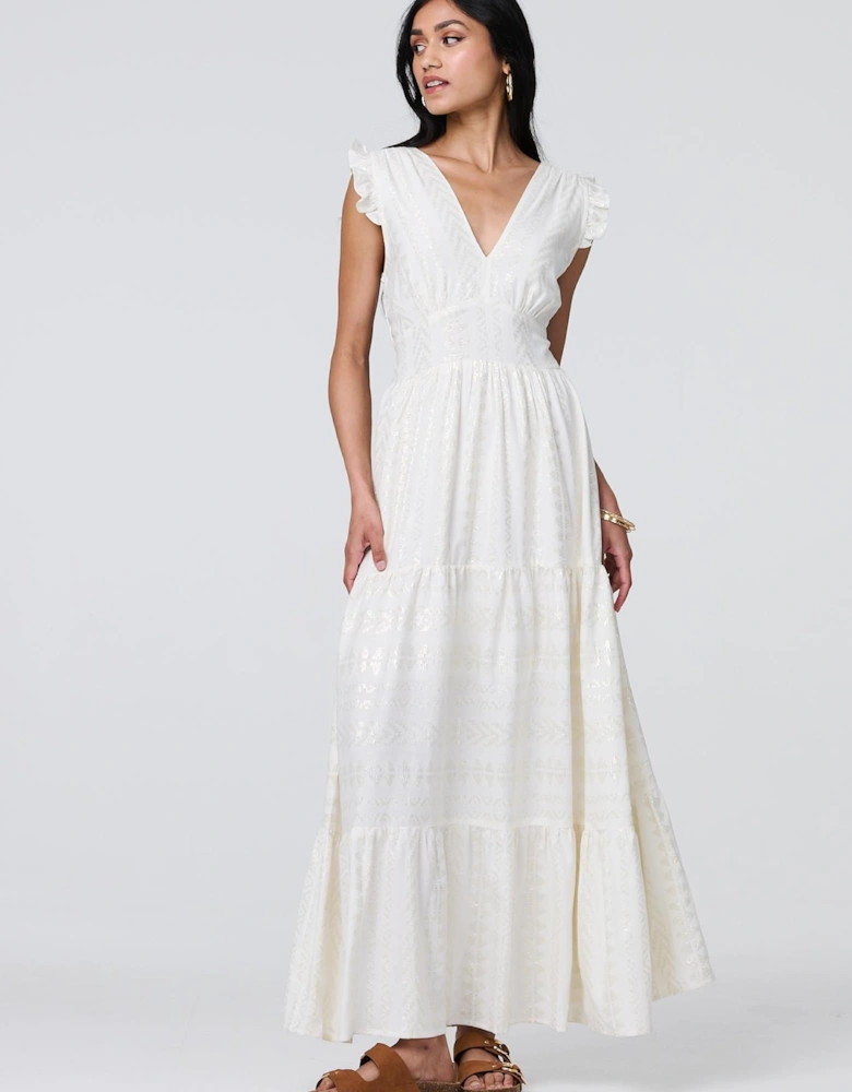 Metallic Detail Frill Cap Sleeve Maxi Dress