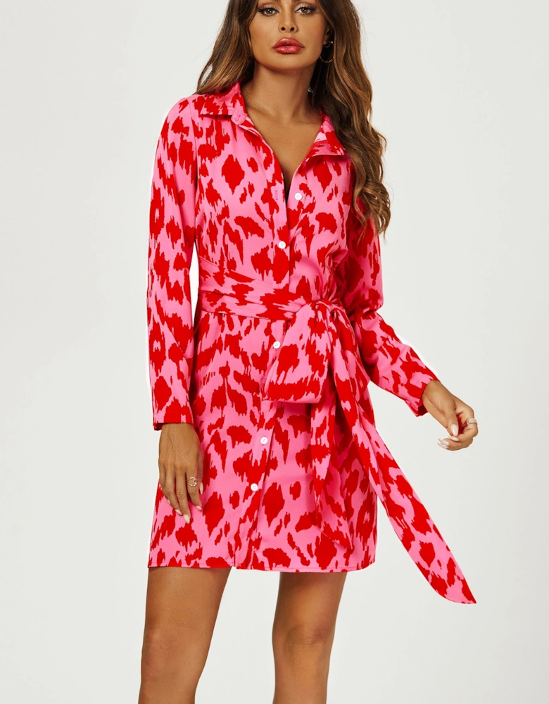 Abstract Print Shirt Mini Wrap Dress In Pink