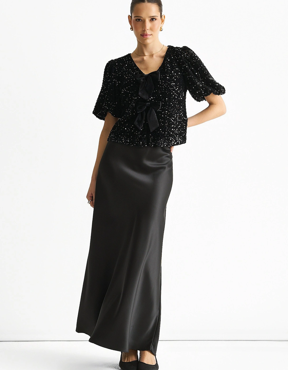 Black Velvet Sequin Bow Front Bubble Sleeve Top, 5 of 4