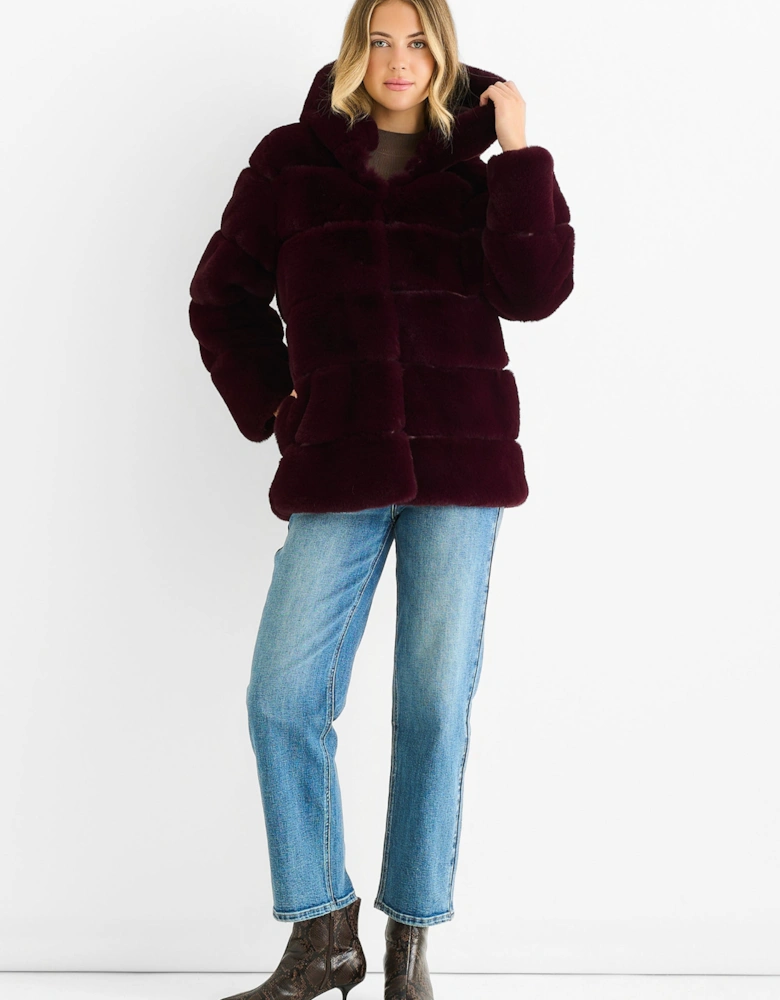 Dark Burgundy Horizontal Cut Fur Hooded Jacket