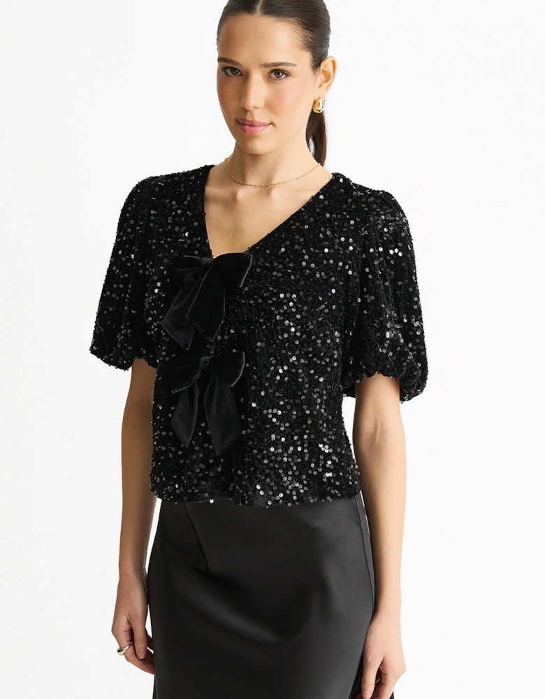 Black Velvet Sequin Bow Front Bubble Sleeve Top