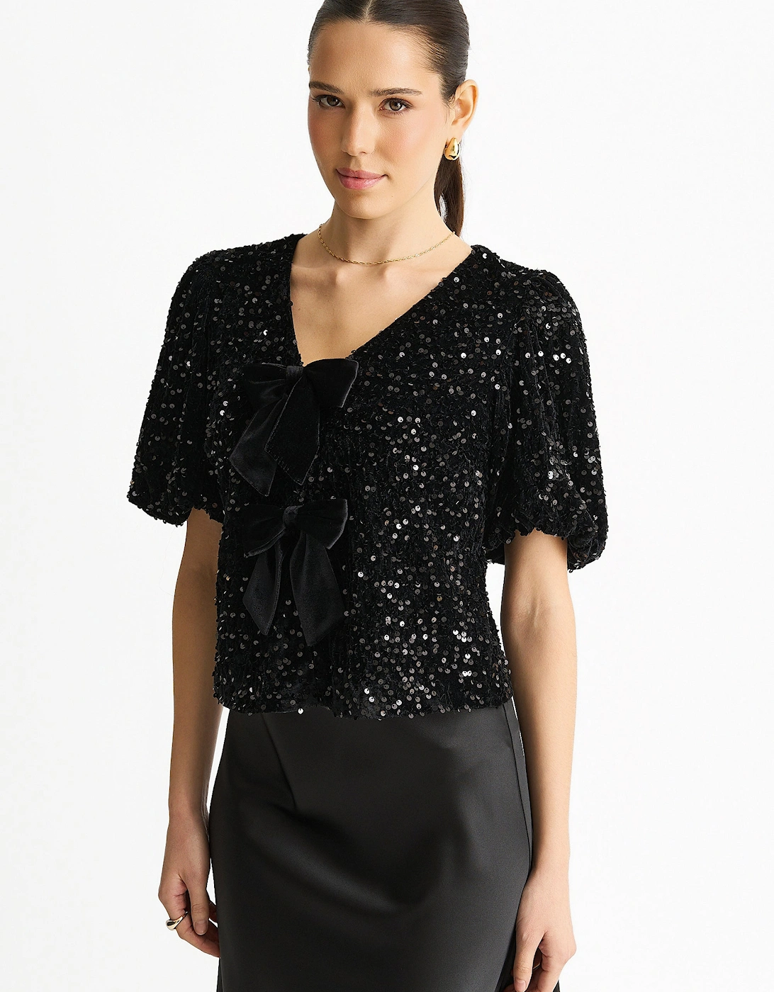 Black Velvet Sequin Bow Front Bubble Sleeve Top