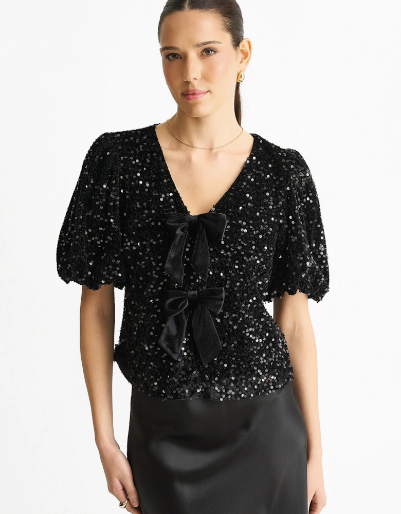 Black Velvet Sequin Bow Front Bubble Sleeve Top