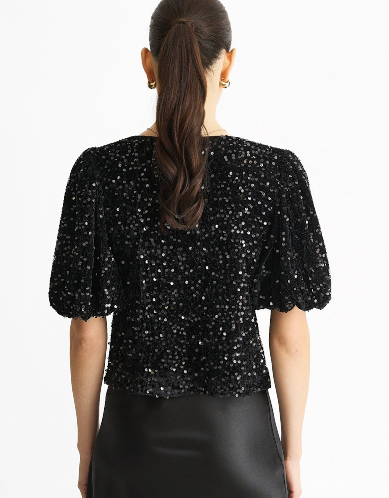 Black Velvet Sequin Bow Front Bubble Sleeve Top