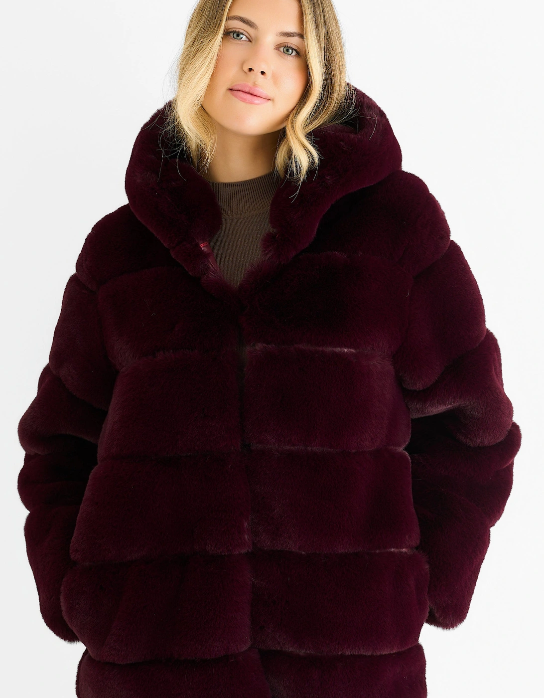 Gini London Women's Dark Burgundy Horizontal Cut Fur Hooded Jacket - Red - Size: 8/10