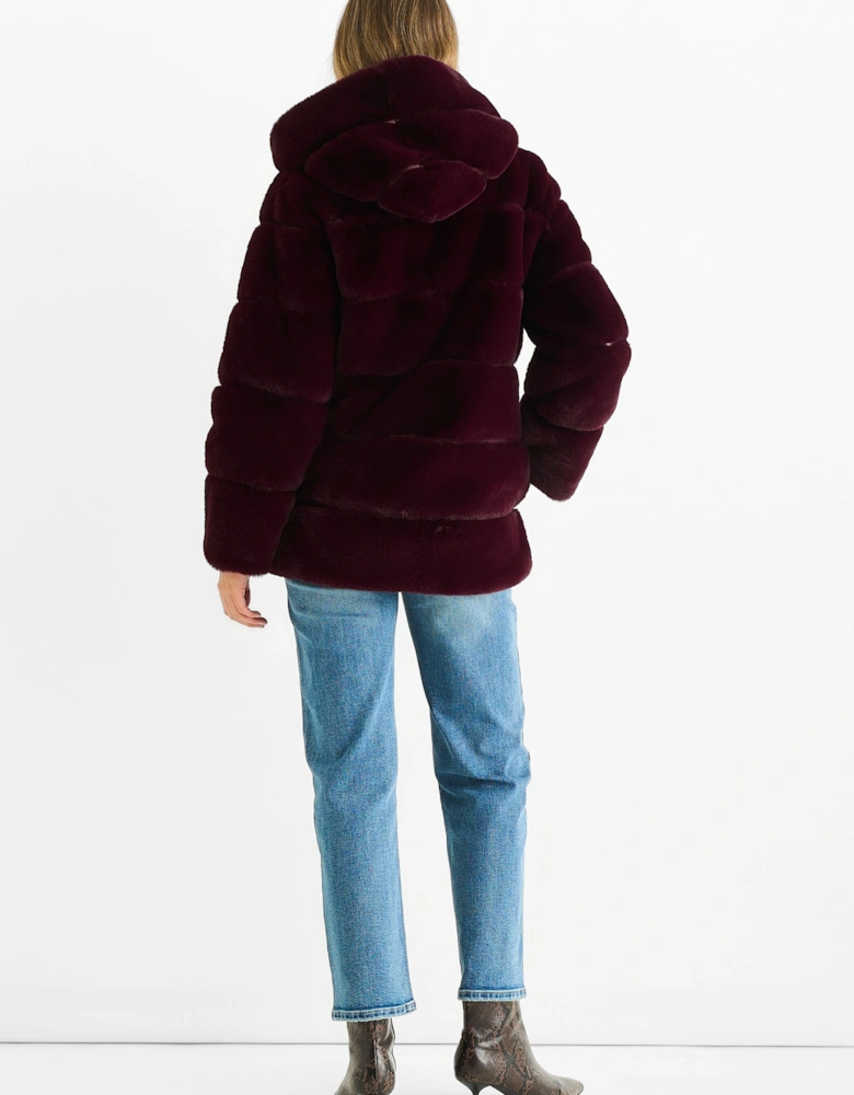 Dark Burgundy Horizontal Cut Fur Hooded Jacket
