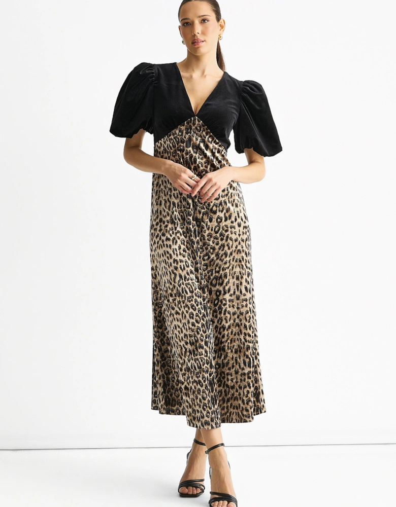 Black Animal Velvet Contrast Top Occasion Midi Dress