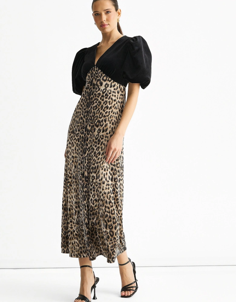 Black Animal Velvet Contrast Top Occasion Midi Dress