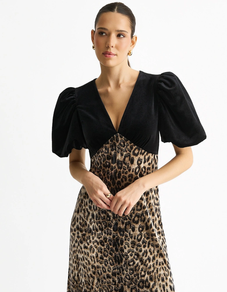 Black Animal Velvet Contrast Top Occasion Midi Dress