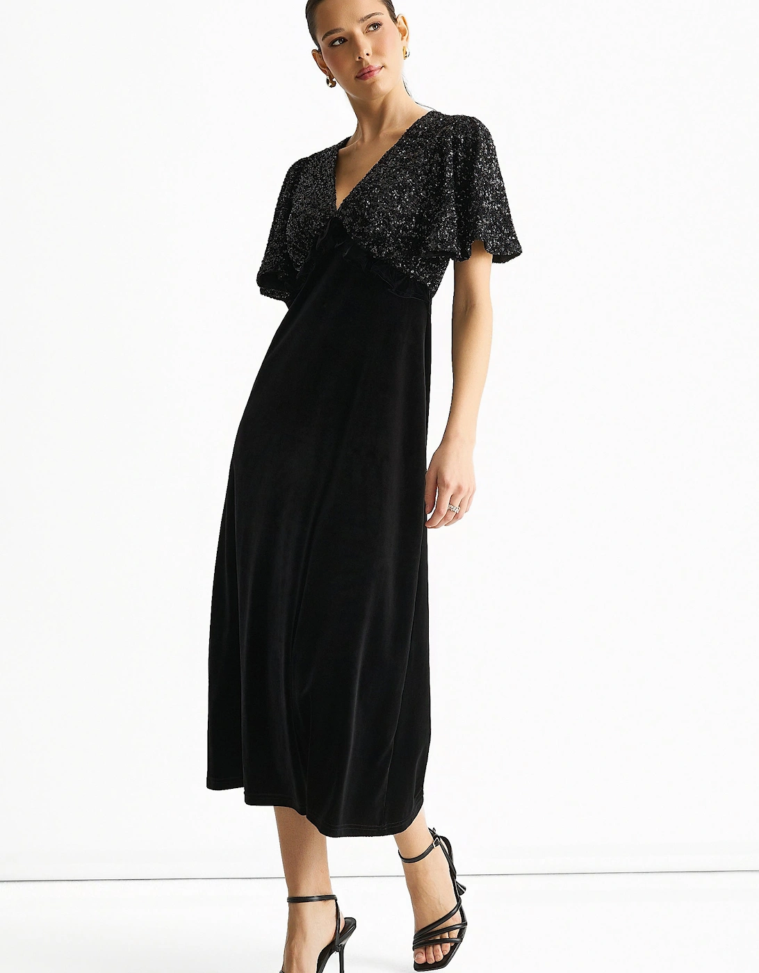 Black Sequin Top Premium Velvet Occasion Midi Dress