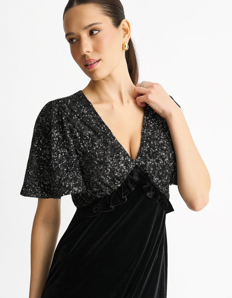 Black Sequin Top Premium Velvet Occasion Midi Dress