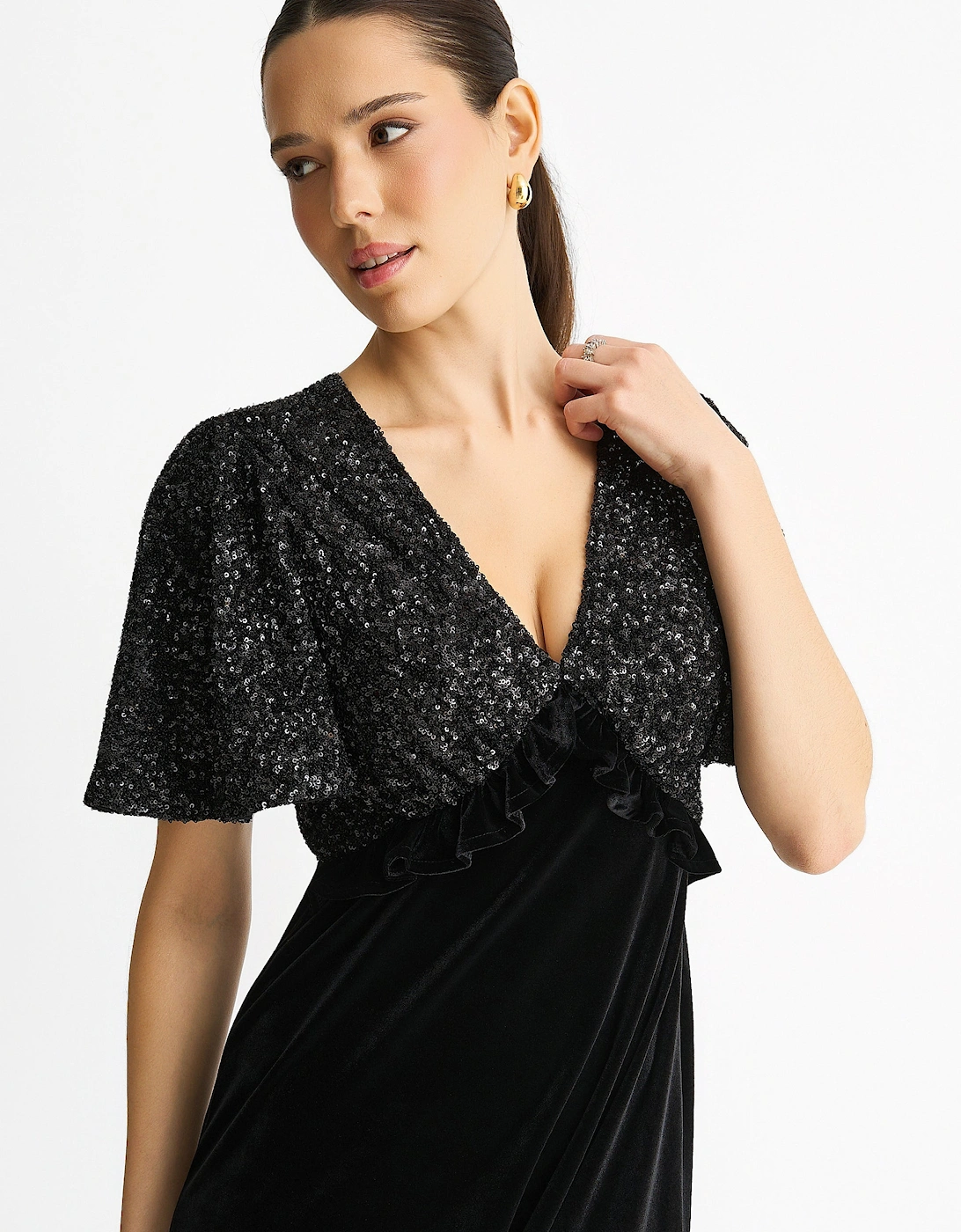 Black Sequin Top Premium Velvet Occasion Midi Dress