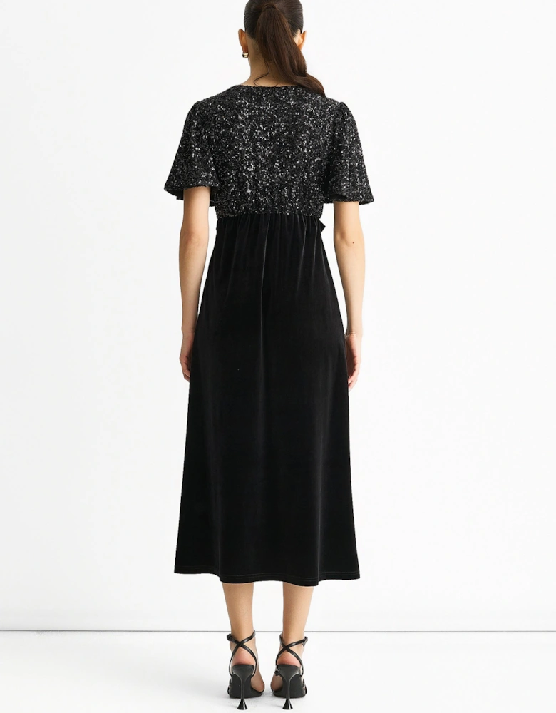 Black Sequin Top Premium Velvet Occasion Midi Dress