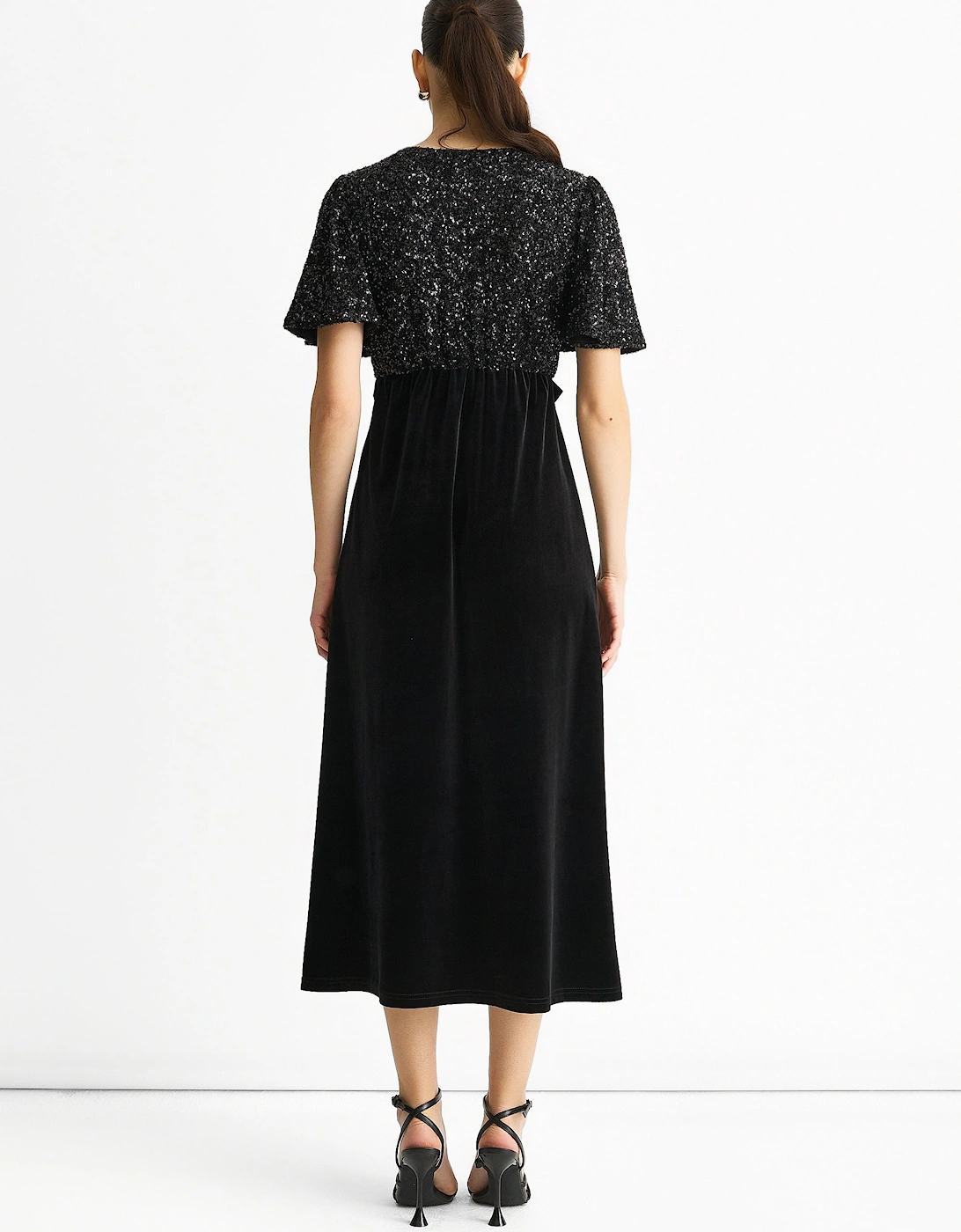 Black Sequin Top Premium Velvet Occasion Midi Dress