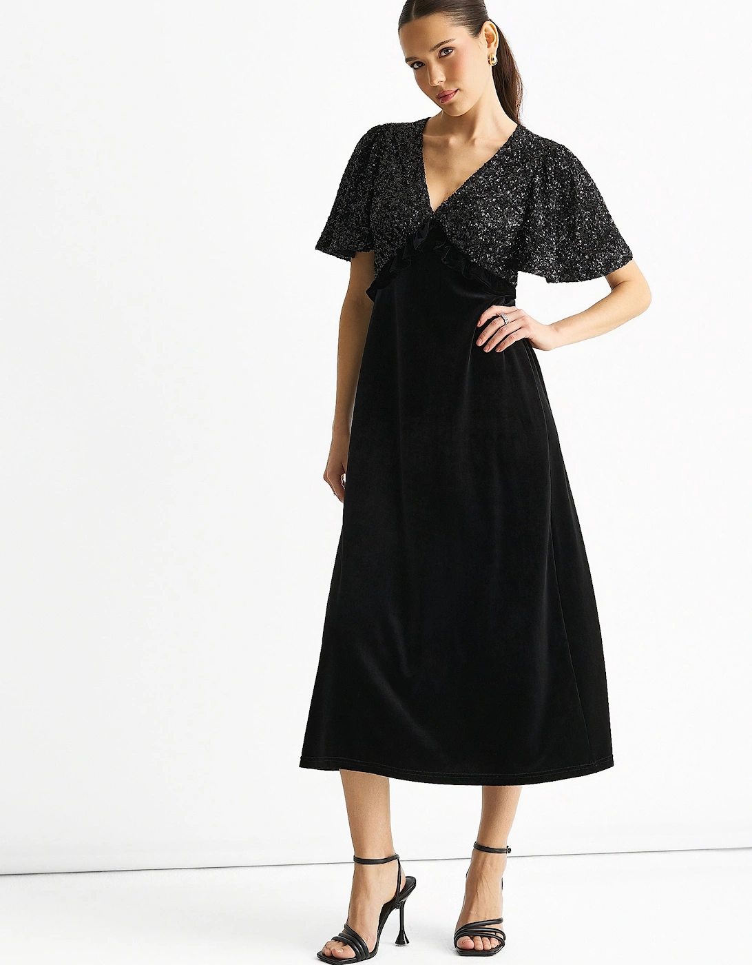 Gini London Women's Black Sequin Top Premium Velvet Occasion Midi Dress - Size: 12