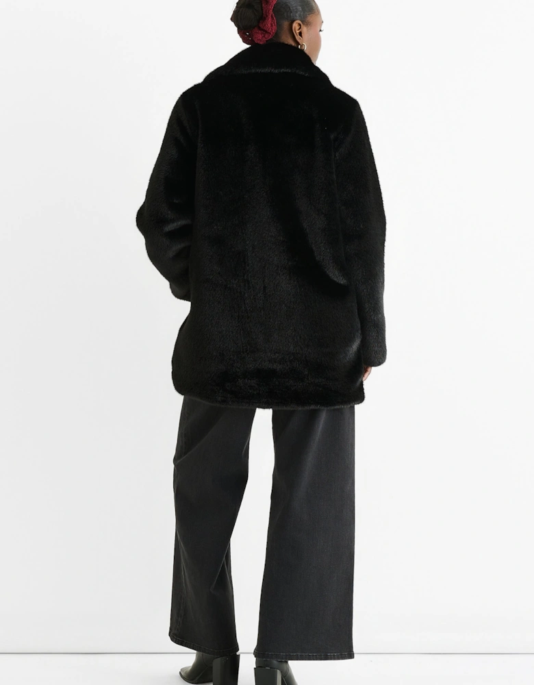 Black Faux Fur Double Breasted Longline Jacket