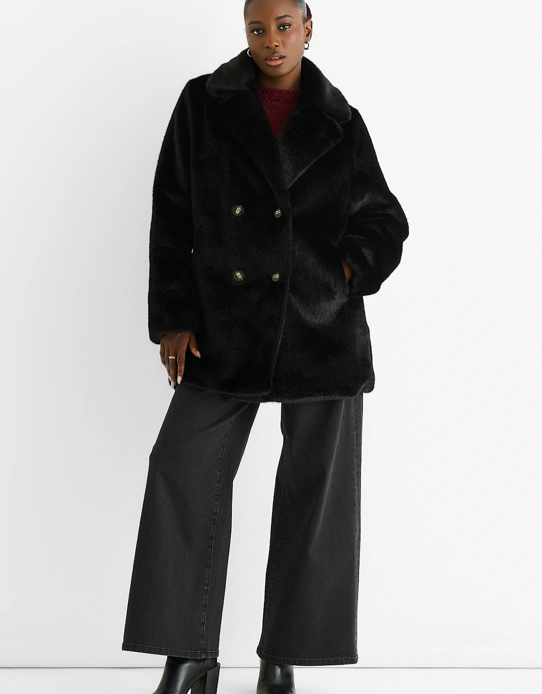 Black Faux Fur Double Breasted Longline Jacket, 5 of 4