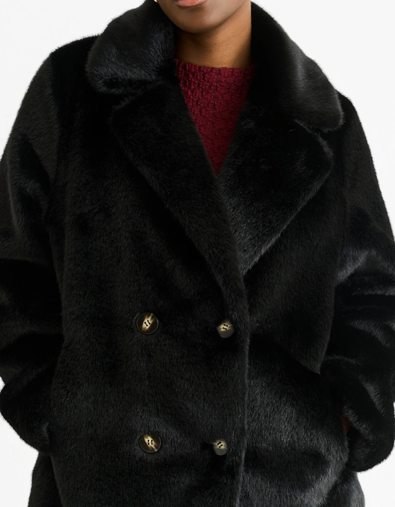 Black Faux Fur Double Breasted Longline Jacket