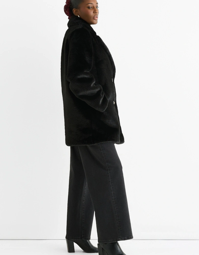 Black Faux Fur Double Breasted Longline Jacket